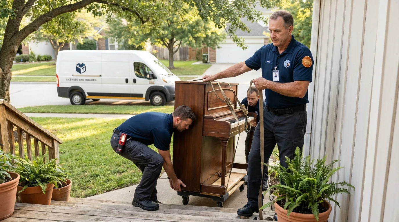 Licensed piano movers securing grand piano in Millinocket, ME