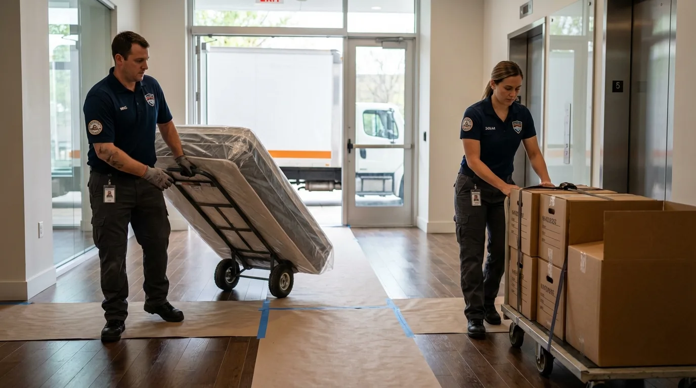 Professional apartment movers loading elevator in Millinocket, ME