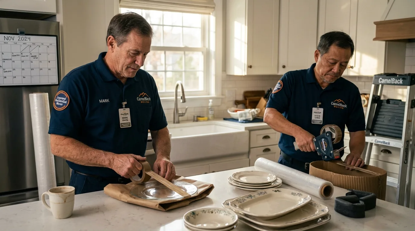 Professional crew packing kitchen dishware in Millinocket, ME